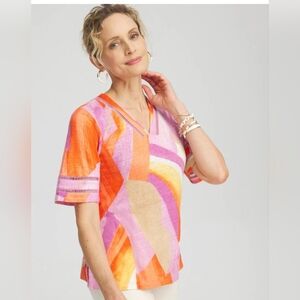 V-Neck Abstract Print Short Sleeve Top in Pink & Orange.  Chicos Size 3
